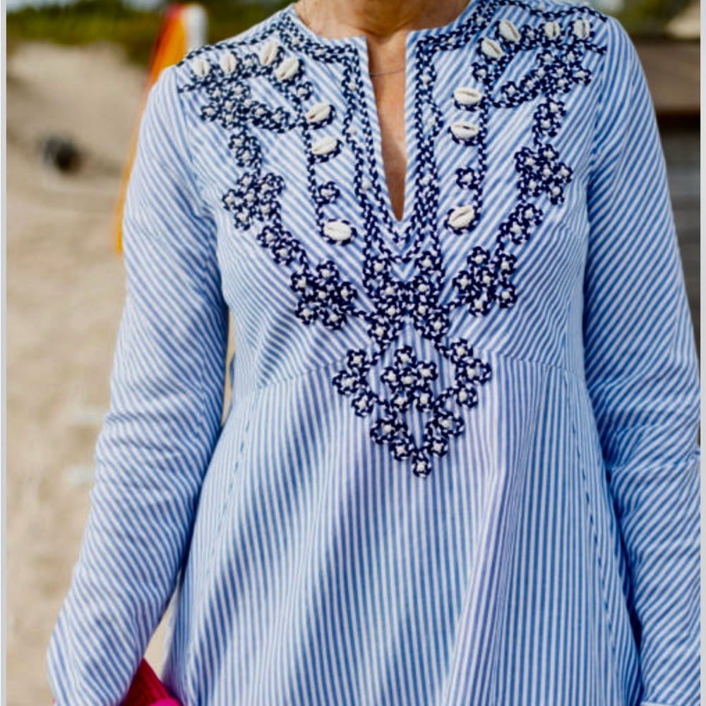 Tory Burch Striped Blue and White embroidered Dress. Large